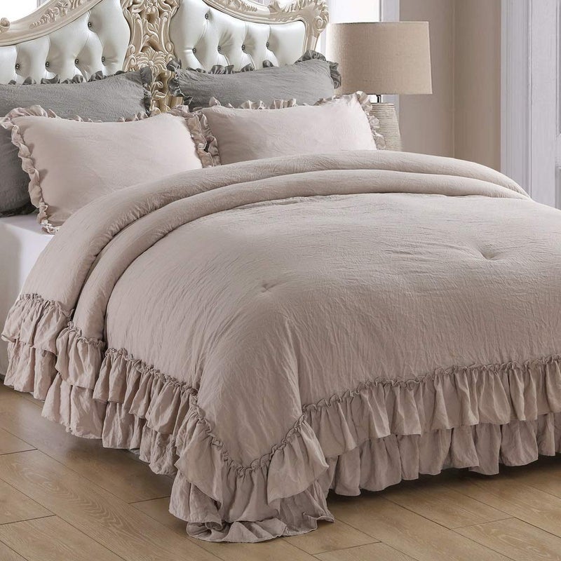 QSH Shabby Ruffled Comforter Set 3 Pieces, Lightweight Taupe Bed Comforter,Microfiber Inner Fill Bedding King Size - Image 1